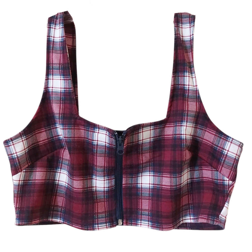 Almost Famous Burgundy Blue Plaid Zipper Front Grunge Punk Short Crop Top Tank